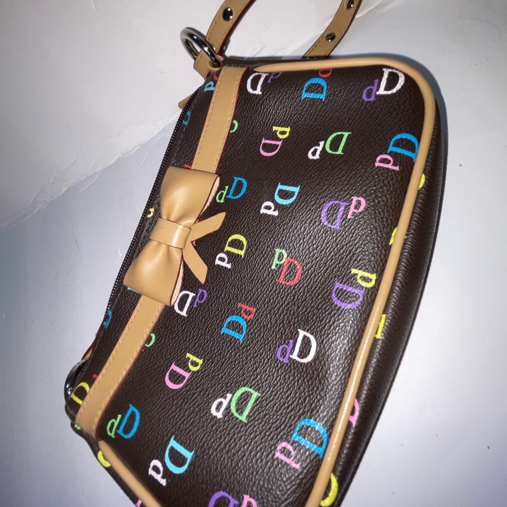 Limited Too Brown Multicolor Logo Bow Wristlet Clutch